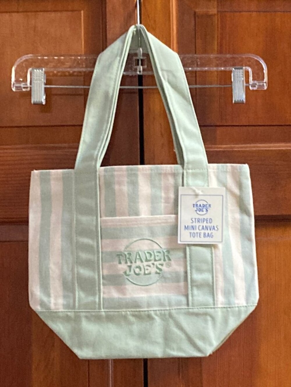 Trader Joe's Mini Canvas Tote Bag - Mint Green Striped - 13in wide x 10.5in high